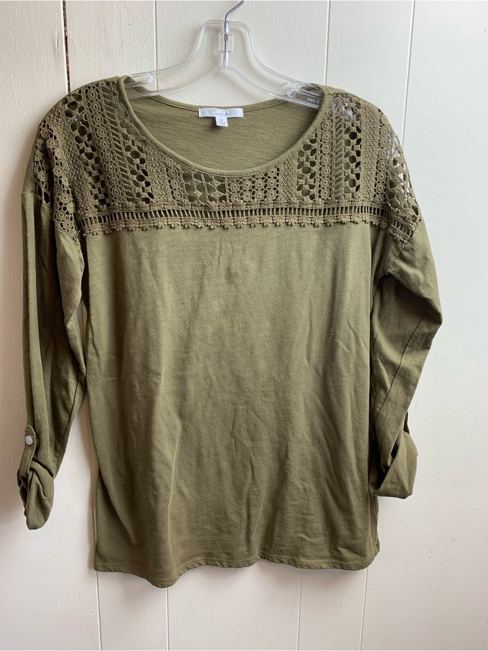 Madison Olive Crochet Yoke Long Sleeve Tee